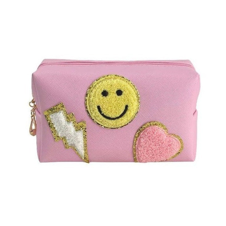 Zenana Pink Preppy Happy Face Patch Makeup Cosmetic Bag U-220