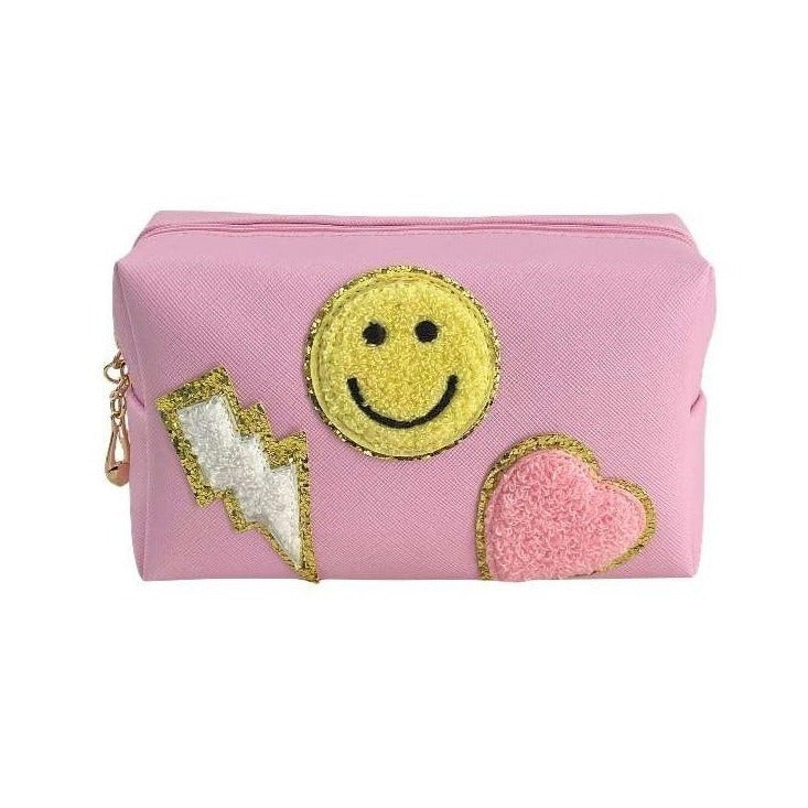 Zenana Ivory Preppy Happy Face Patch Makeup Cosmetic Bag U-220