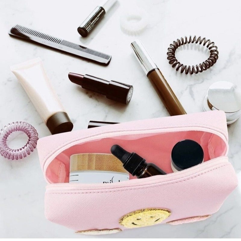 Zenana Pink Preppy Happy Face Patch Makeup Cosmetic Bag U-220