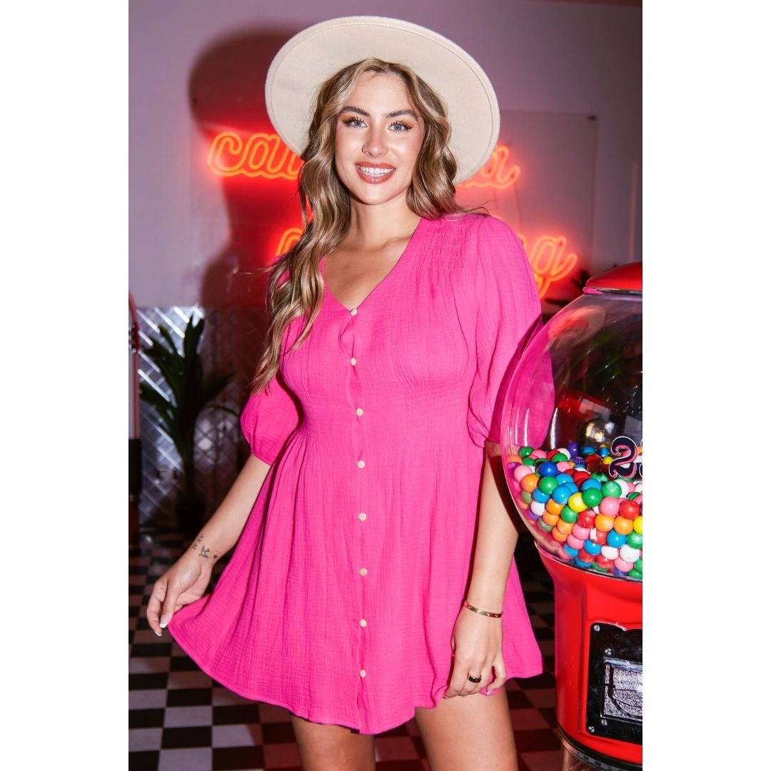Peach Love California Hot Pink VNeck Long Balloon Sleeve Mini Dress ID86253-PINK