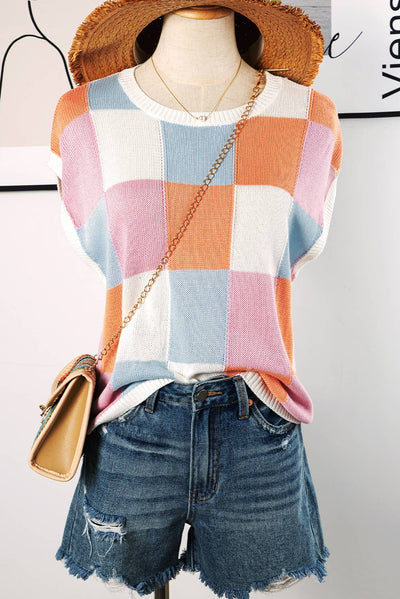 Color Block Cap Sleeve Sweater Vest Top P3014