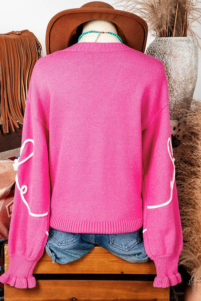 Pink Long Sleeve Corded Flower Bow Ribbon Trim Sweater