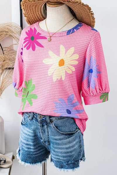 Pink Short Sleeve Floral Print Puff Sleeve Shirt with Flowers