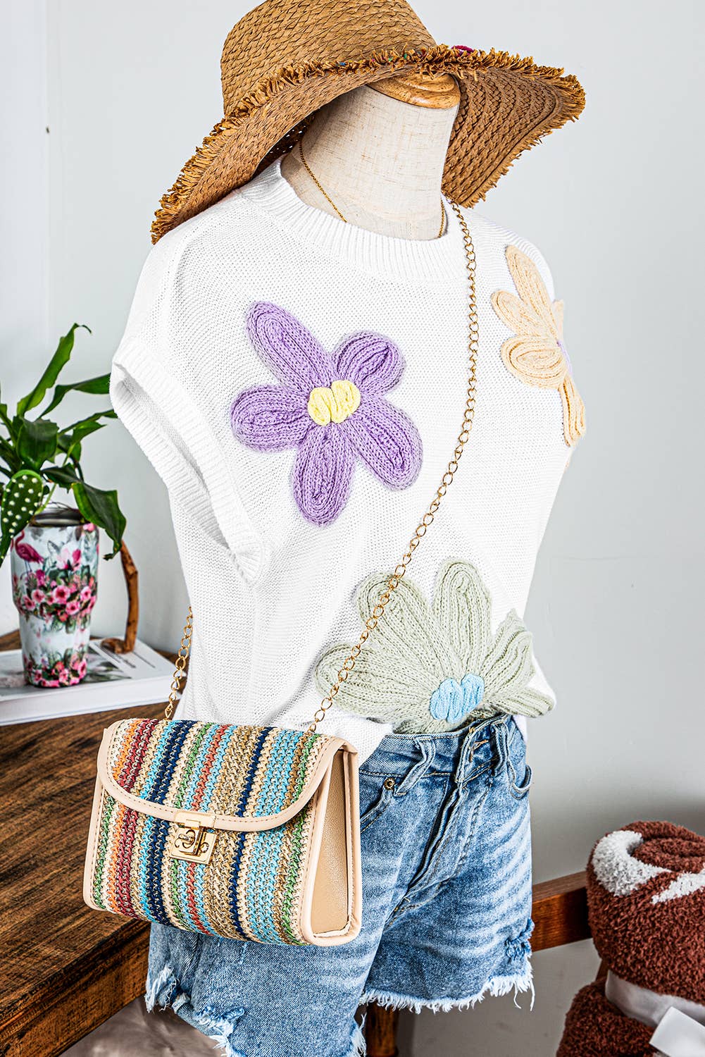 White or Pink Short Sleeve Sweater Crochet Flower Knit Tops