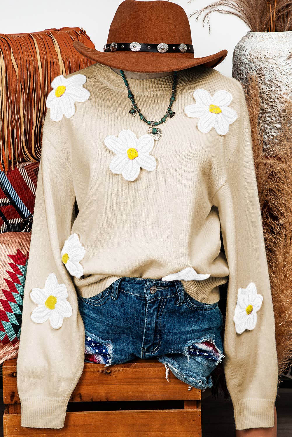 Beige or White Long Sleeve Floral Crochet Chunky Knit Sweater Top