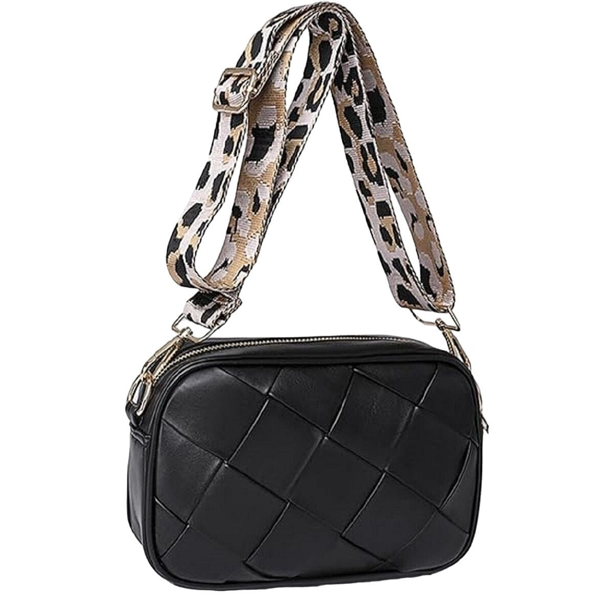 Black Leather Crossbody Shoulder Bag with Leopard Print Strap U-234