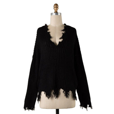 Miracle Black Frayed Distressed Hem V-Neck Sweater X12008