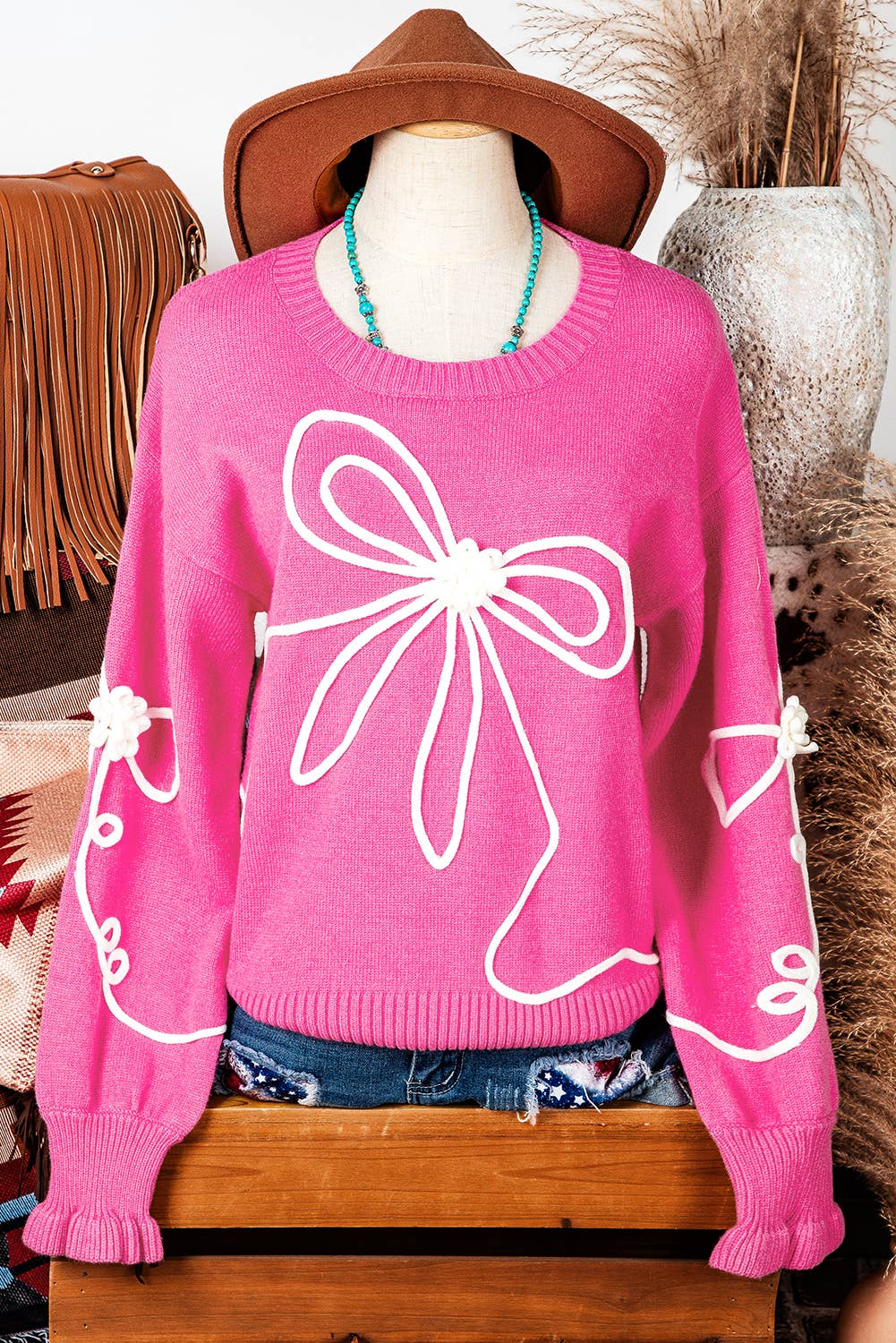 Pink Long Sleeve Corded Flower Bow Ribbon Trim Sweater