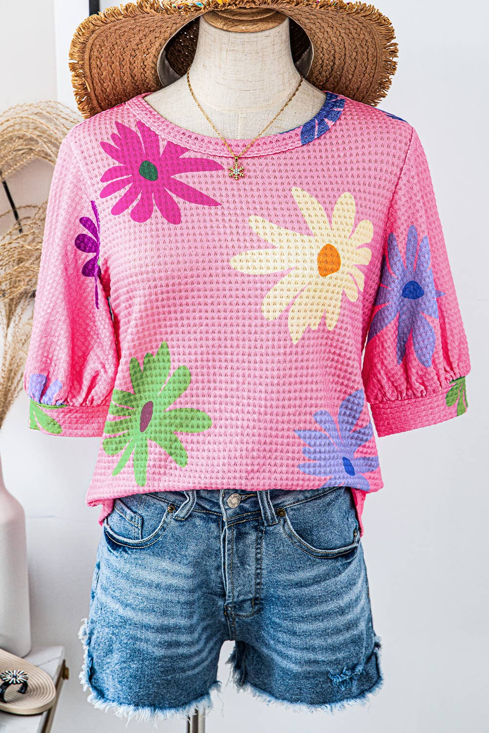 Pink Short Sleeve Floral Print Puff Sleeve Shirt with Flowers