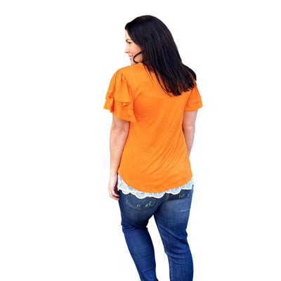 Culture Code Orange Round Neck Loose Fit Ruffle Sleeve Top CAY1482