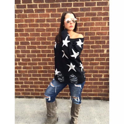 Miracle Navy Star Distressed Sheer Sweater Top W2303