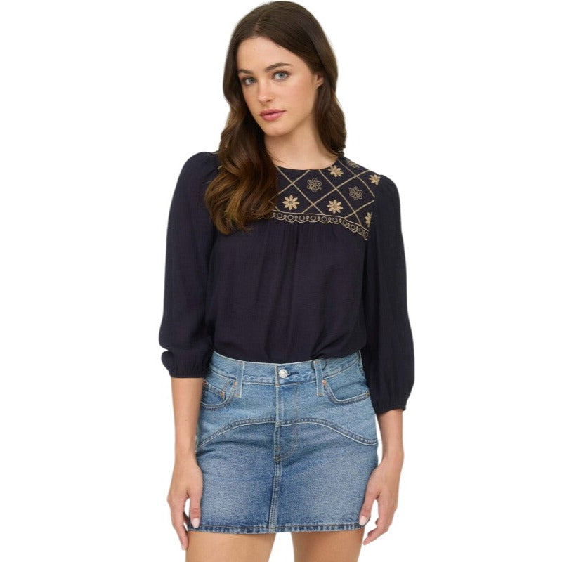 Blu Pepper Floral Embroidered Yoke 3/4 Sleeve Blouse TB8974