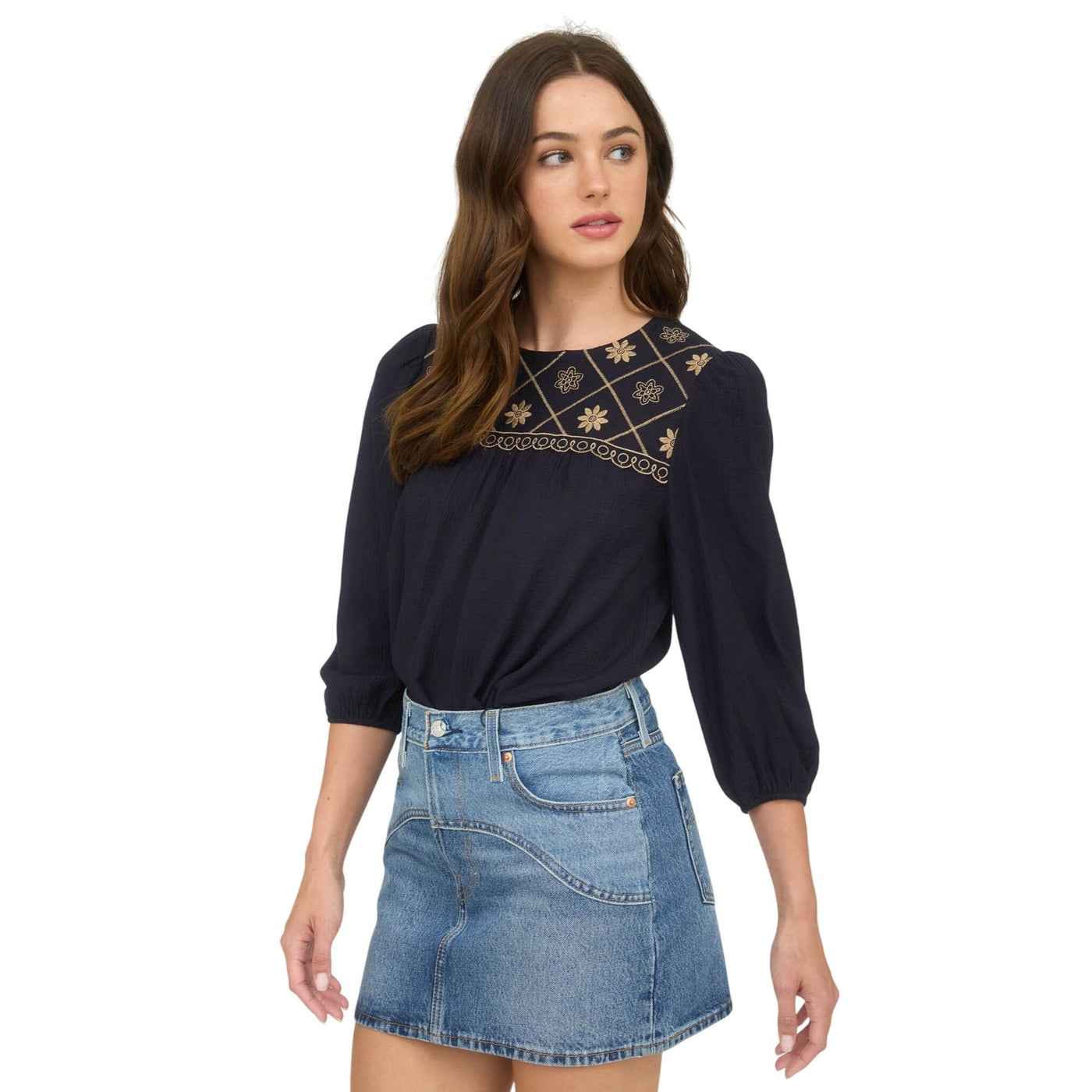 Blu Pepper Floral Embroidered Yoke 3/4 Sleeve Blouse TB8974