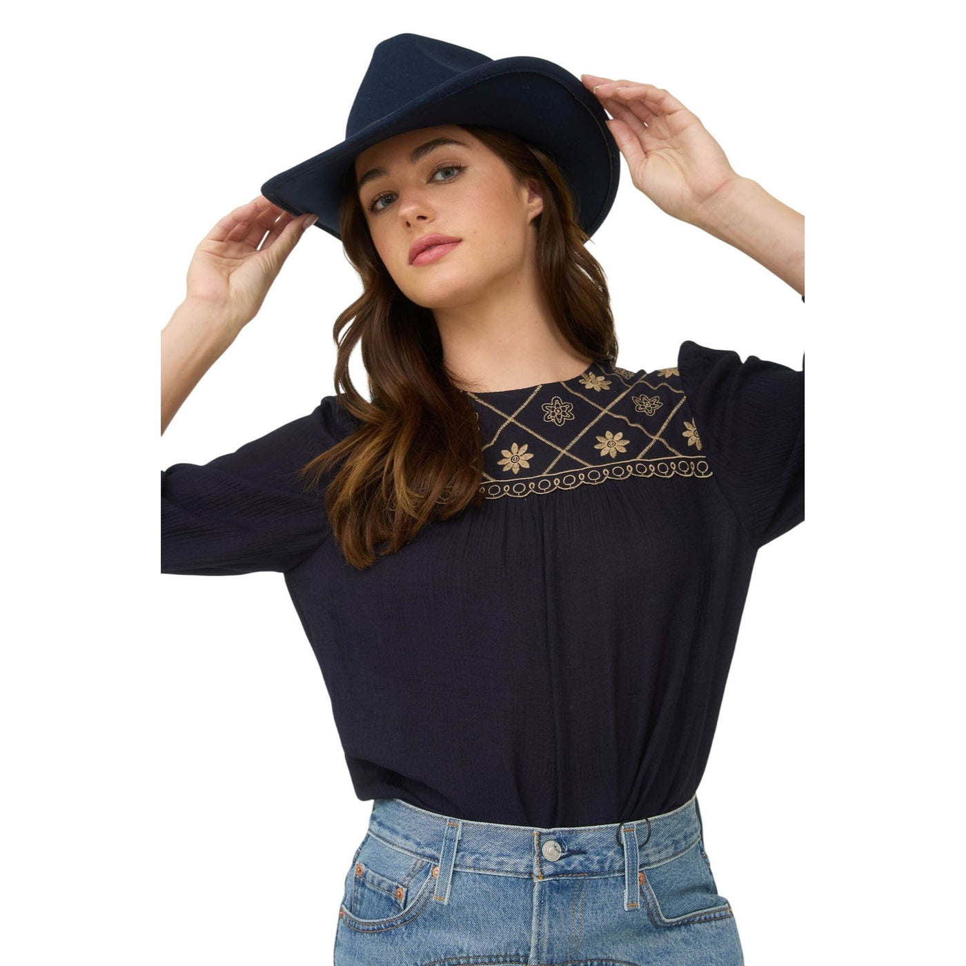 Blu Pepper Floral Embroidered Yoke 3/4 Sleeve Blouse TB8974