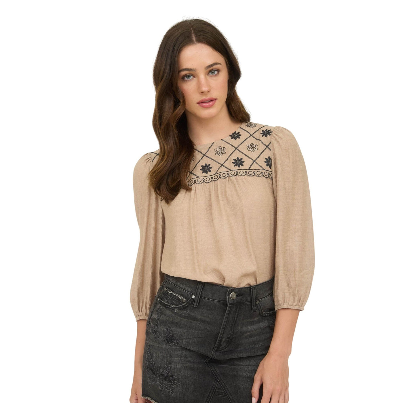 Blu Pepper Floral Embroidered Yoke 3/4 Sleeve Blouse TB8974