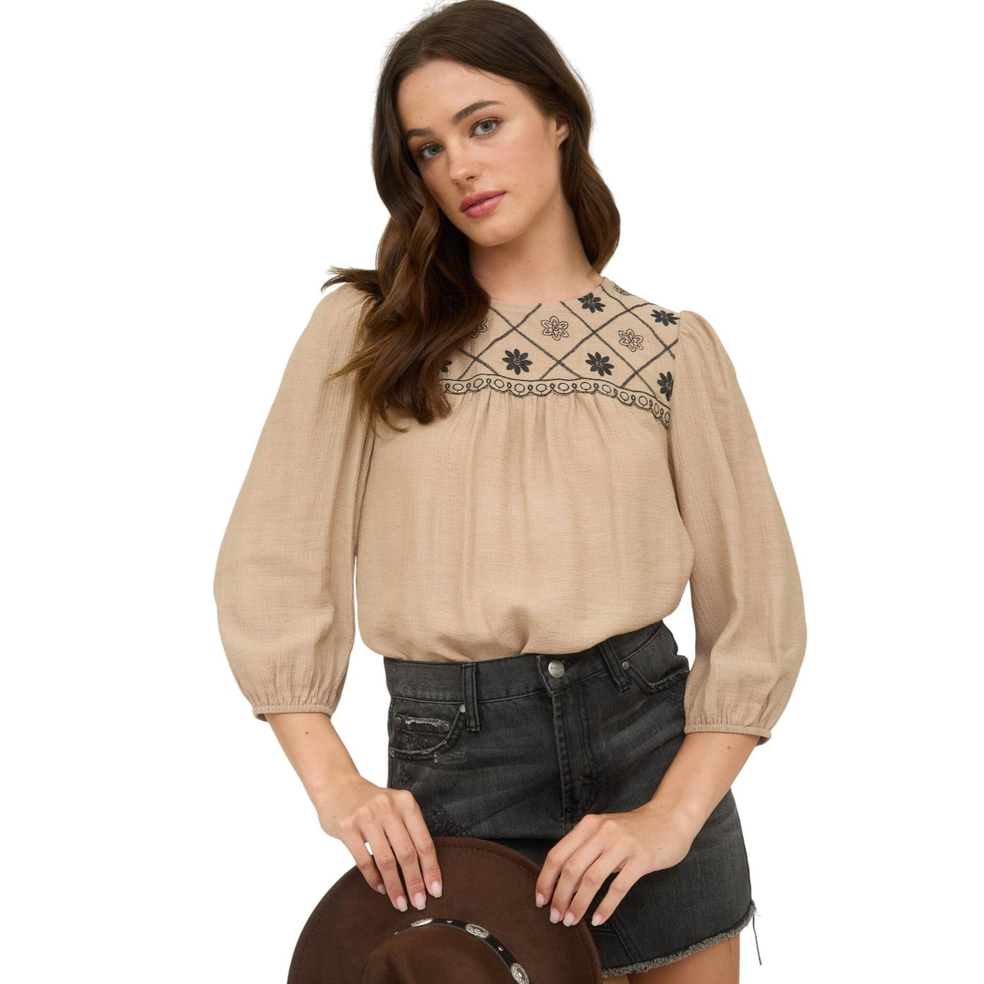 Blu Pepper Floral Embroidered Yoke 3/4 Sleeve Blouse TB8974