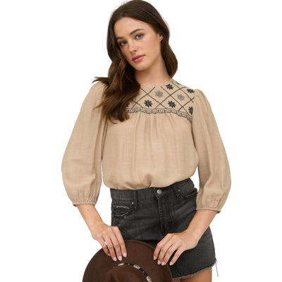 Blu Pepper Floral Embroidered Yoke 3/4 Sleeve Blouse TB8974