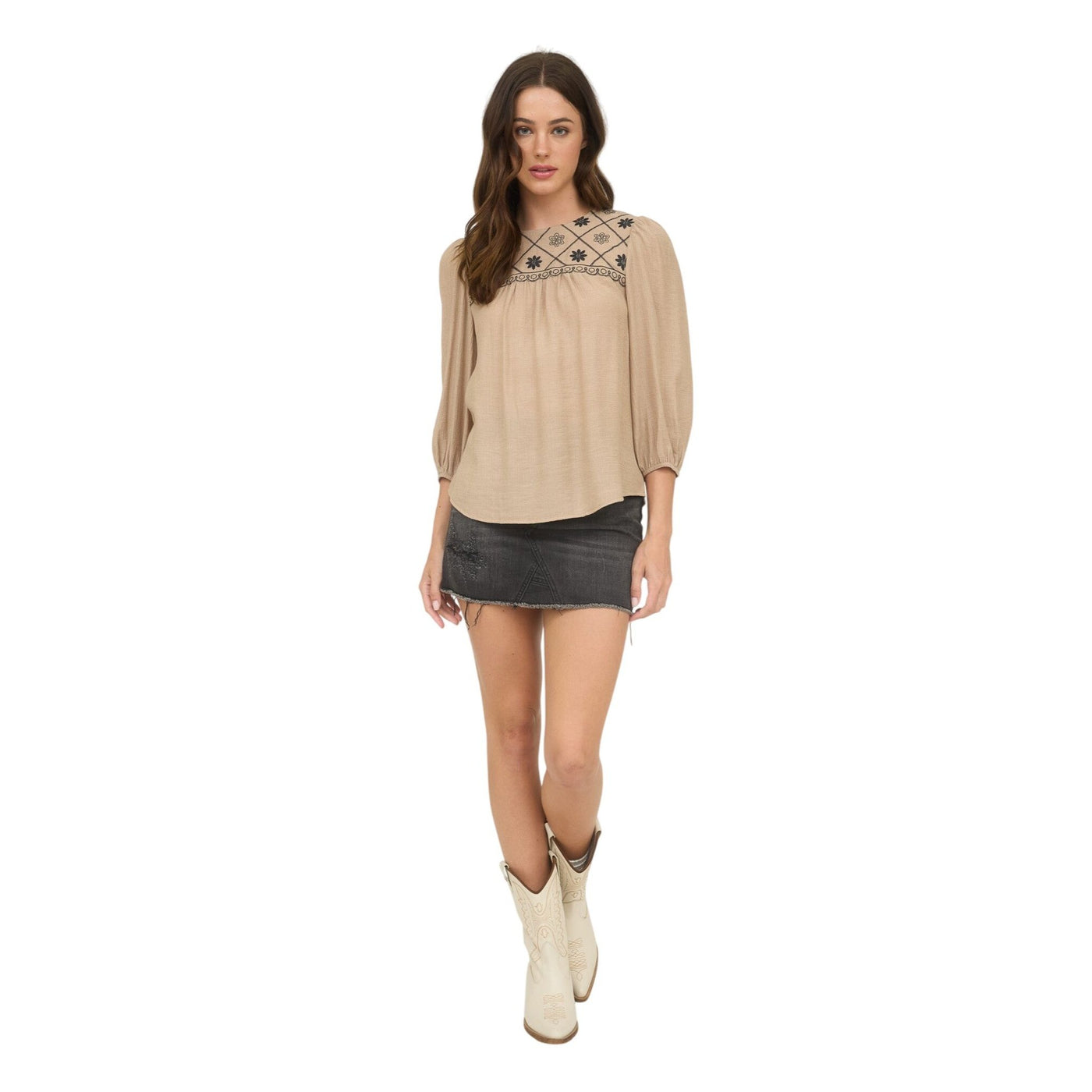 Blu Pepper Floral Embroidered Yoke 3/4 Sleeve Blouse TB8974