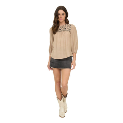 Blu Pepper Floral Embroidered Yoke 3/4 Sleeve Blouse TB8974