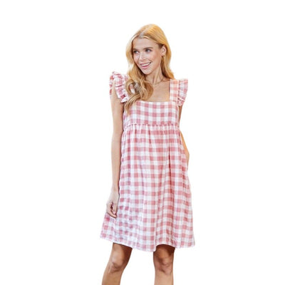 Twenty Ten Pink Sleeveless Checkered Mini Dress with Ruffled Strap 5111IMD