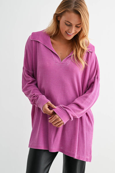 Mono B Oversized Waffle Knit Collared Long Sleeve Sweat Shirt KT5459