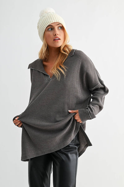 Mono B Oversized Waffle Knit Collared Long Sleeve Sweat Shirt KT5459