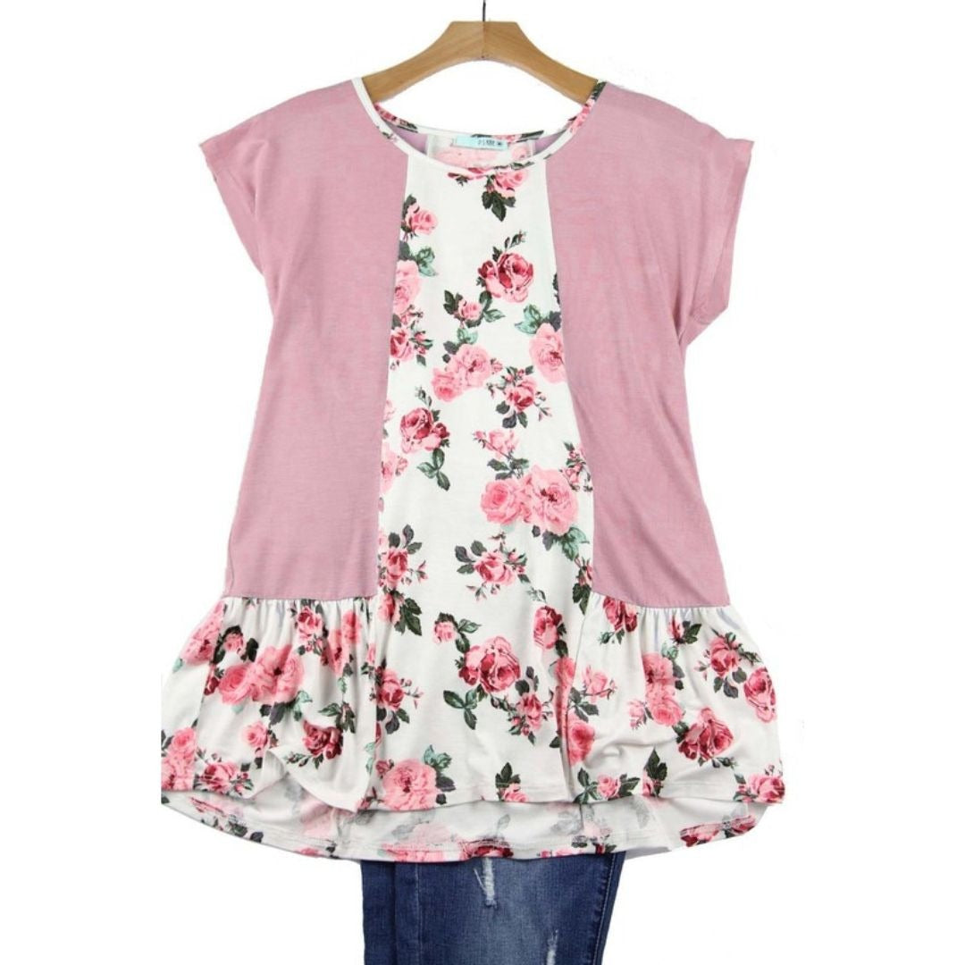 P. S KATE Pink Floral and Solid Color Block Short Sleeve T-Shirt Top PSK968