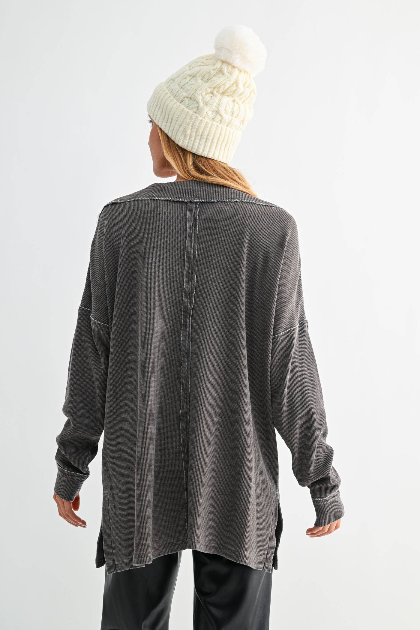 Mono B Oversized Waffle Knit Collared Long Sleeve Sweat Shirt KT5459