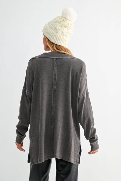 Mono B Oversized Waffle Knit Collared Long Sleeve Sweat Shirt KT5459