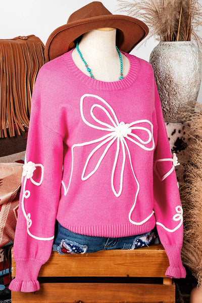 Pink Long Sleeve Corded Flower Bow Ribbon Trim Sweater