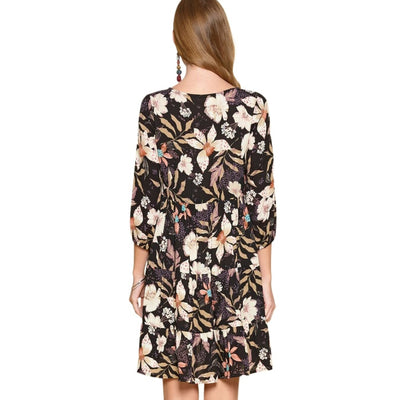 ODDI Black Long Puffed Sleeve Floral Print Woven V-Neck Mini Dress D20958