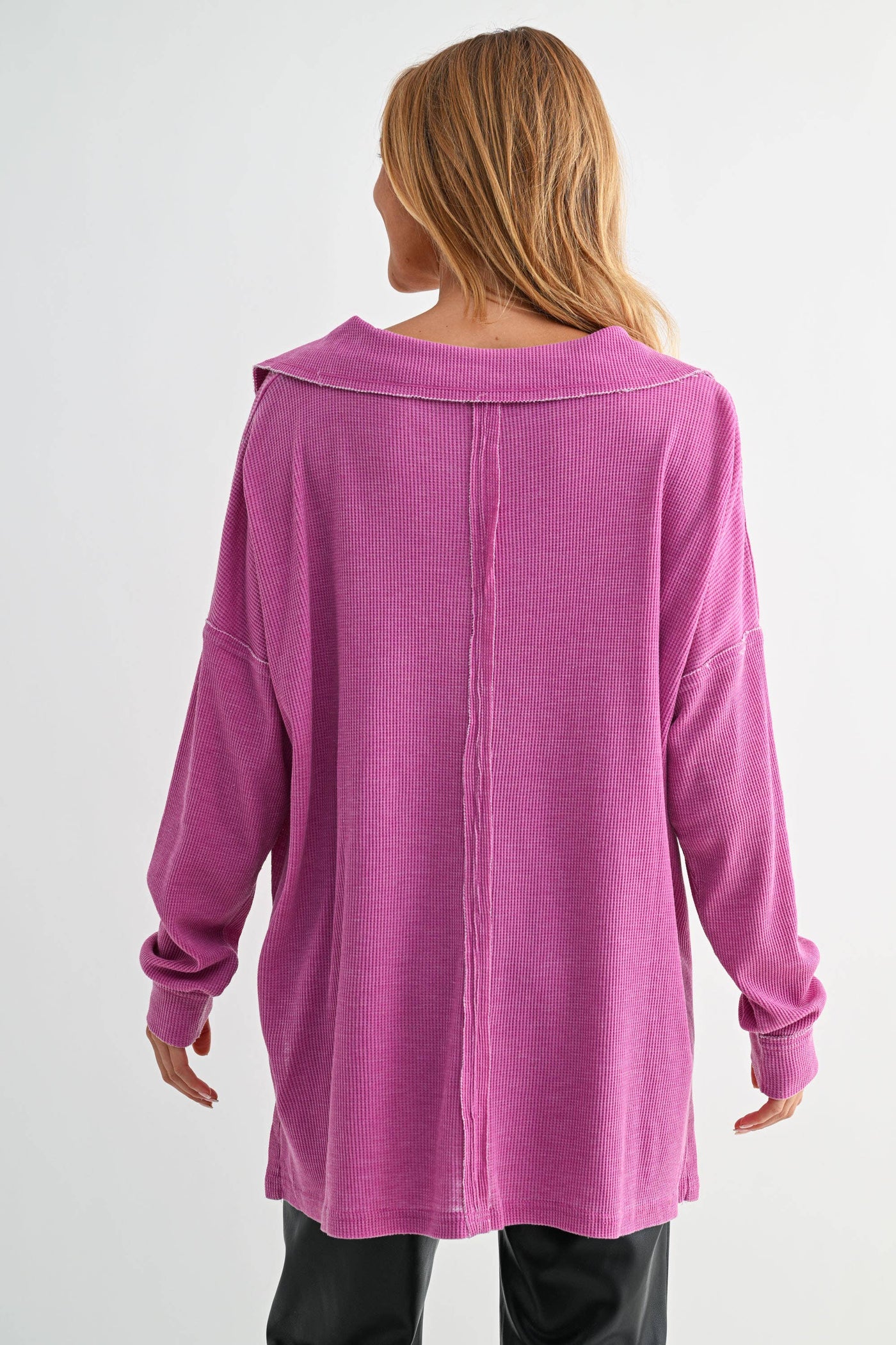 Mono B Oversized Waffle Knit Collared Long Sleeve Sweat Shirt KT5459