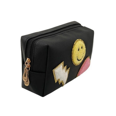 Zenana Black Preppy Happy Face Patch Makeup Cosmetic Bag U-220