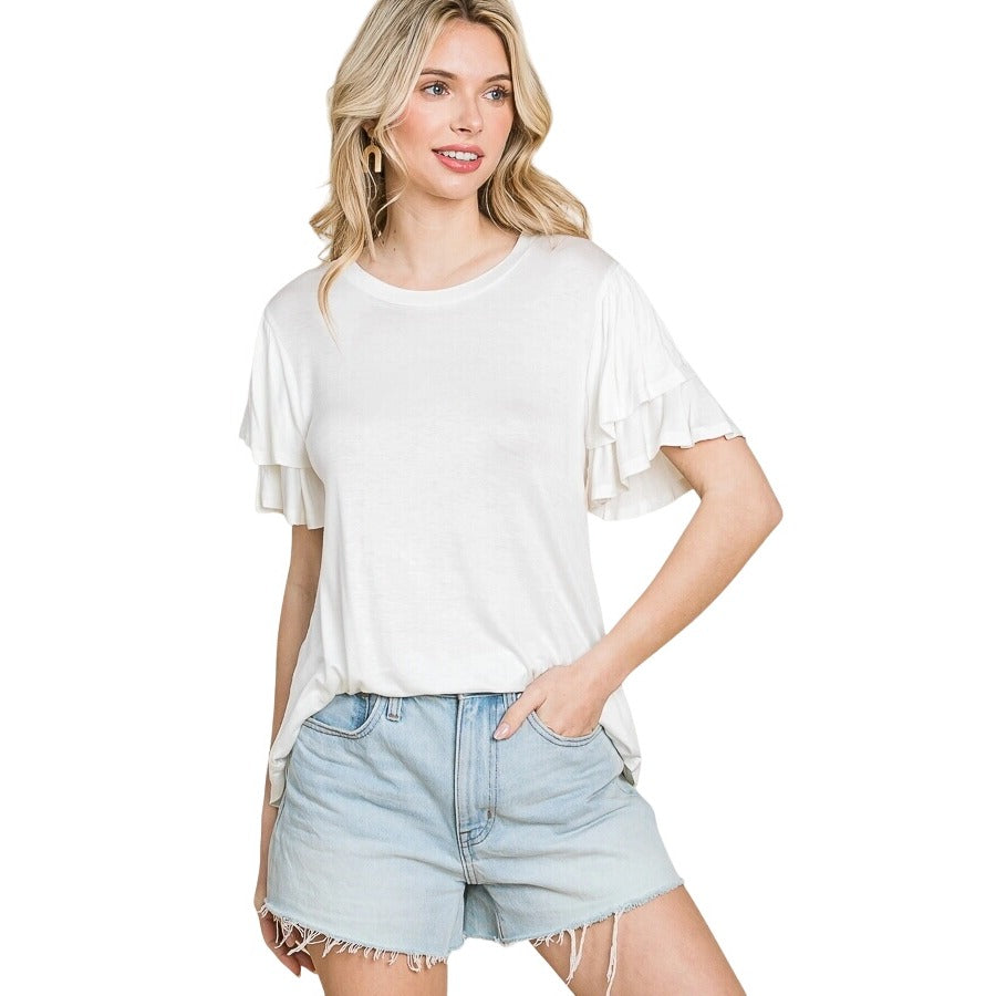 Culture Code White Round Neck Loose Fit Ruffle Sleeve Top CAY1482