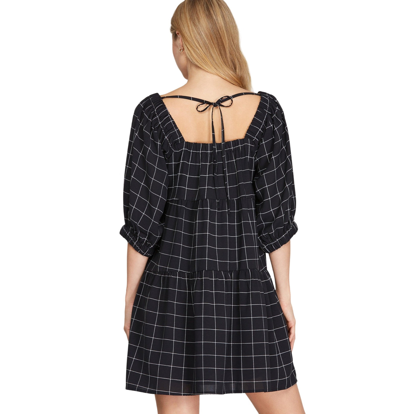 SHE + SKY Black Checkered Tiered Mini Dress with Back Tie SS9795