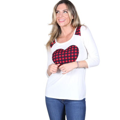 P. S KATE Ivory Long Sleeve Red Checkered Heart Top B8584