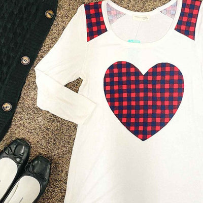 P. S KATE Ivory Long Sleeve Red Checkered Heart Top B8584