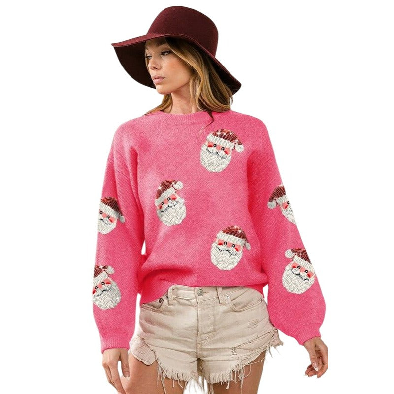 BIBI Sequin Santa Patches Red Sweater Christmas Pullover IP5685-32