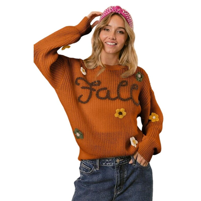 BIBI FALL YARN STITCHING AND FLOWER APPLIQUE RUST SWEATER IP8255J