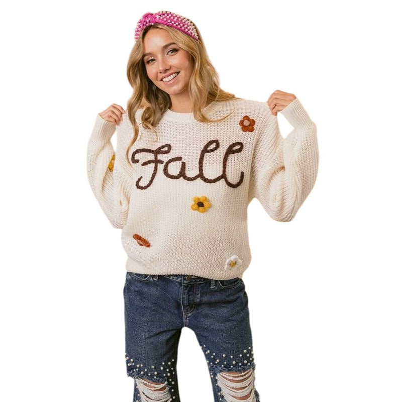 BIBI FALL YARN STITCHING AND FLOWER APPLIQUE RUST SWEATER IP8255J