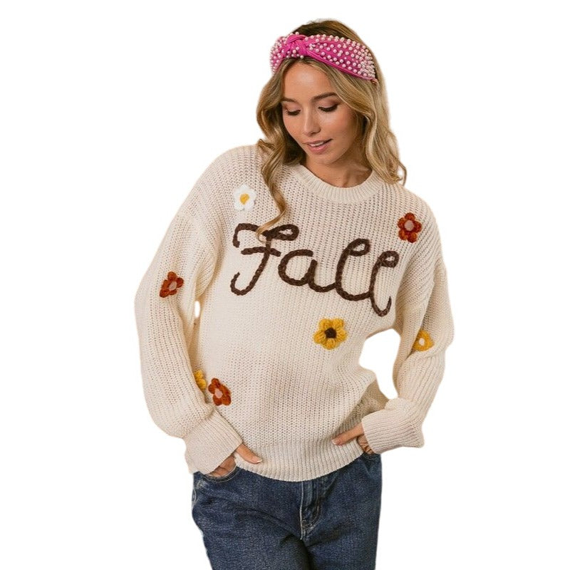 BIBI FALL YARN STITCHING AND FLOWER APPLIQUE RUST SWEATER IP8255J