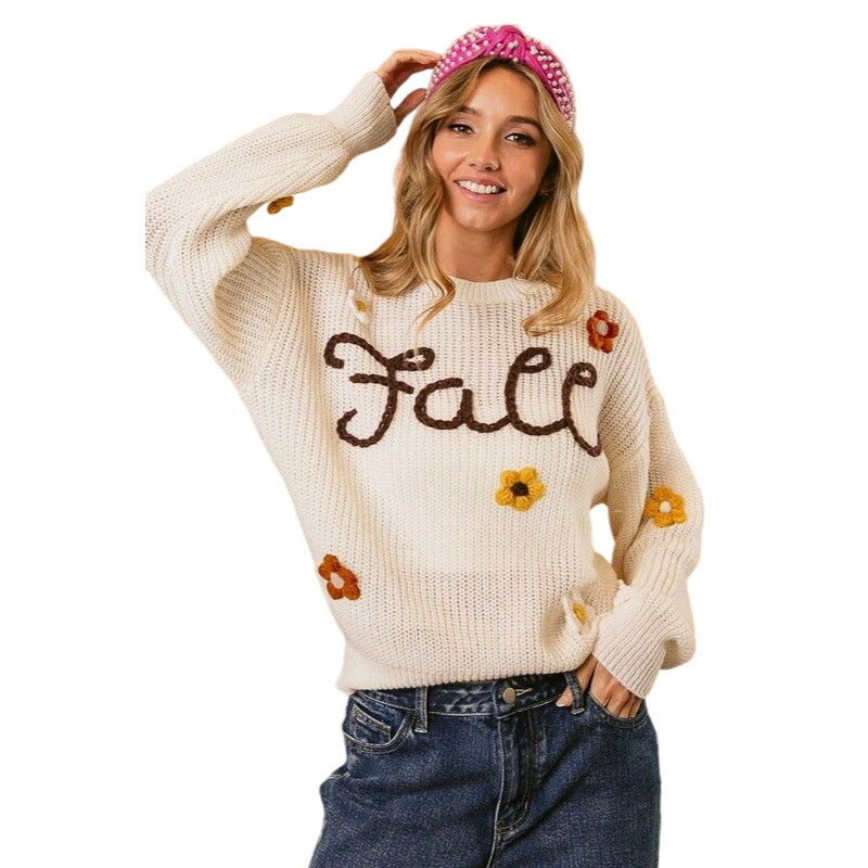 BIBI FALL YARN STITCHING AND FLOWER APPLIQUE RUST SWEATER IP8255J