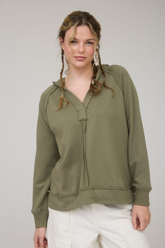 Blu Pepper Hooded V Neck Raw Edge Long Sleeve Knit Top CR2391