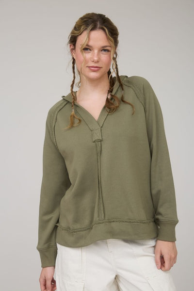 Blu Pepper Hooded V Neck Raw Edge Long Sleeve Knit Top CR2391