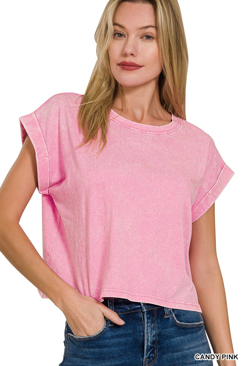 Zenana Washed Cotton Cuffed Short Sleeve Top CTW-3308Y