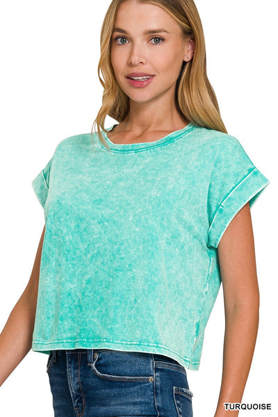 Zenana Washed Cotton Cuffed Short Sleeve Top CTW-3308Y
