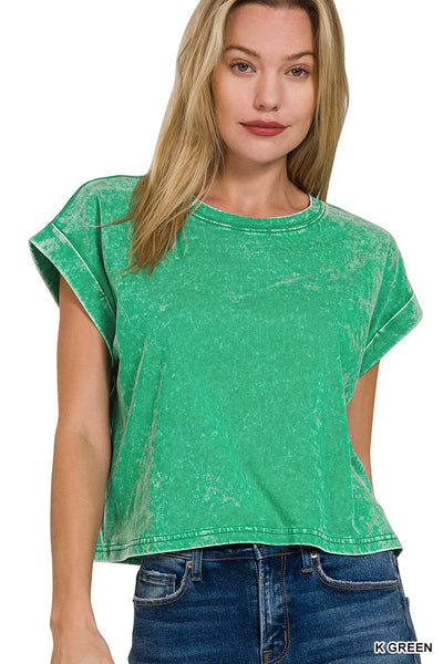 Zenana Washed Cotton Cuffed Short Sleeve Top CTW-3308Y