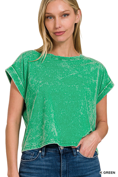 Zenana Washed Cotton Cuffed Short Sleeve Top CTW-3308Y