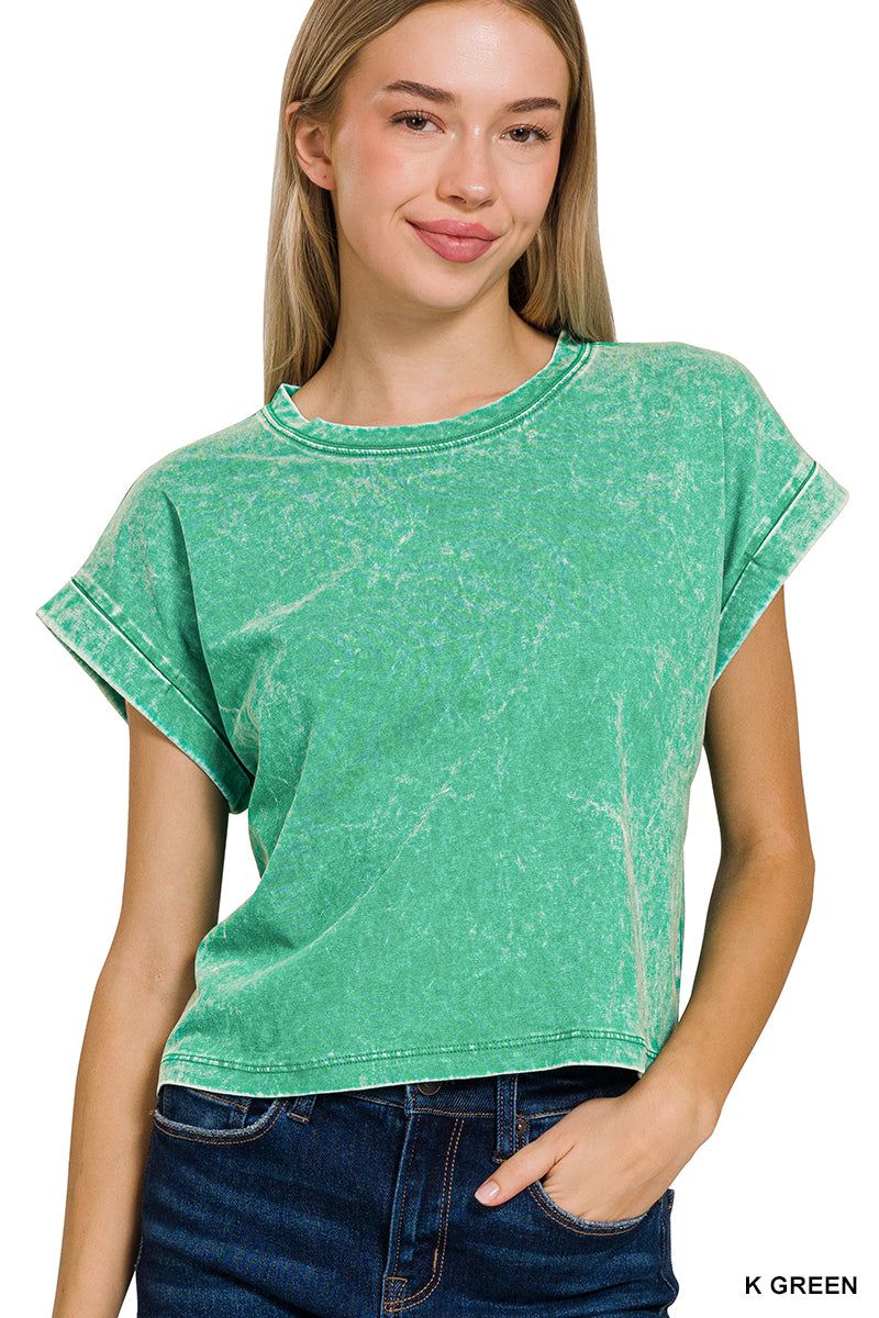 Zenana Washed Cotton Cuffed Short Sleeve Top CTW-3308Y