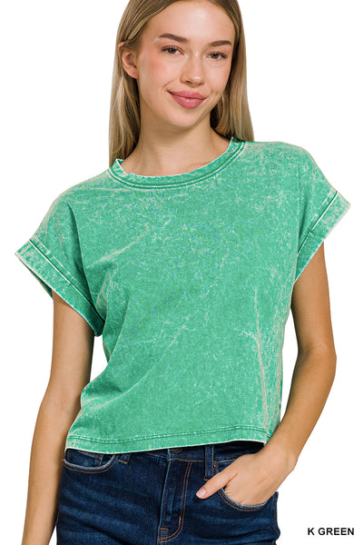Zenana Washed Cotton Cuffed Short Sleeve Top CTW-3308Y
